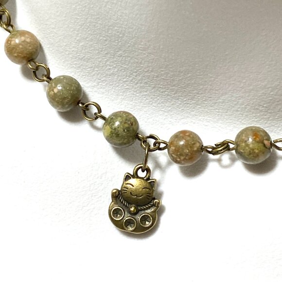 Natural Earthy Unakite Necklace, Cute Bronze Fortune Cat + Genuine Gemstone - Picture 1 of 15